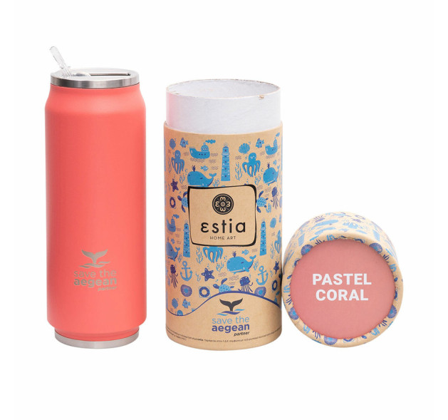 Estia Travel Cup Save The Aegean Ποτήρι Θερμός με Καλαμάκι Pastel Coral 500ml