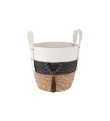 Τριχρωμο Ψαθινο Βαθυ Καλαθι φ35x35εκ καφε-μαυρο-λευκο